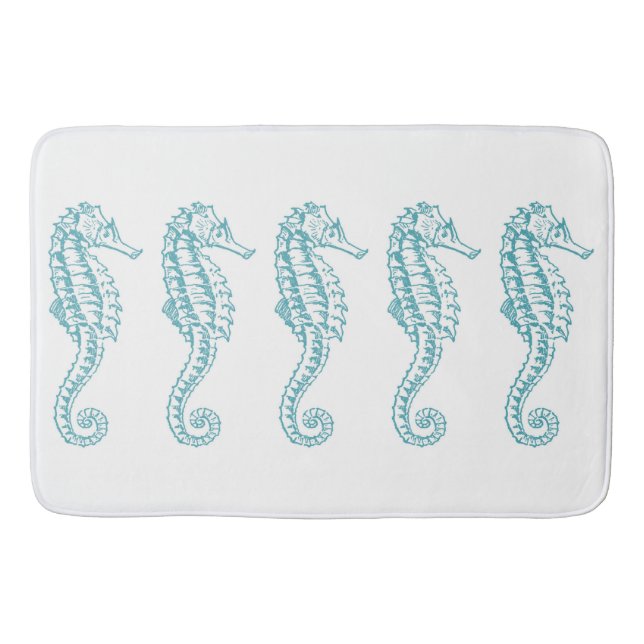 Turquoise Blue Tropical Seahorse Blue Beach Theme Bathroom Mat (Front)