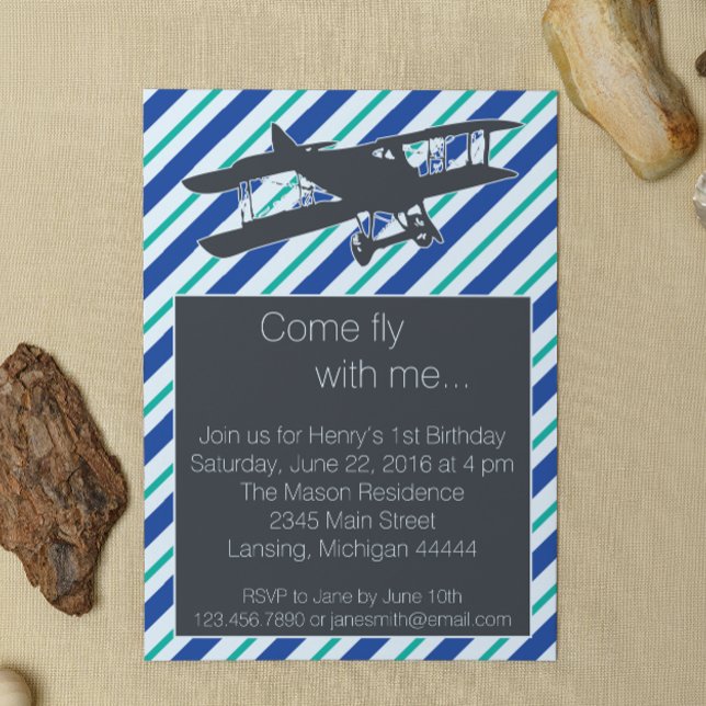 Turquoise Blue Vintage Airplane Birthday Invite (Creator Uploaded)