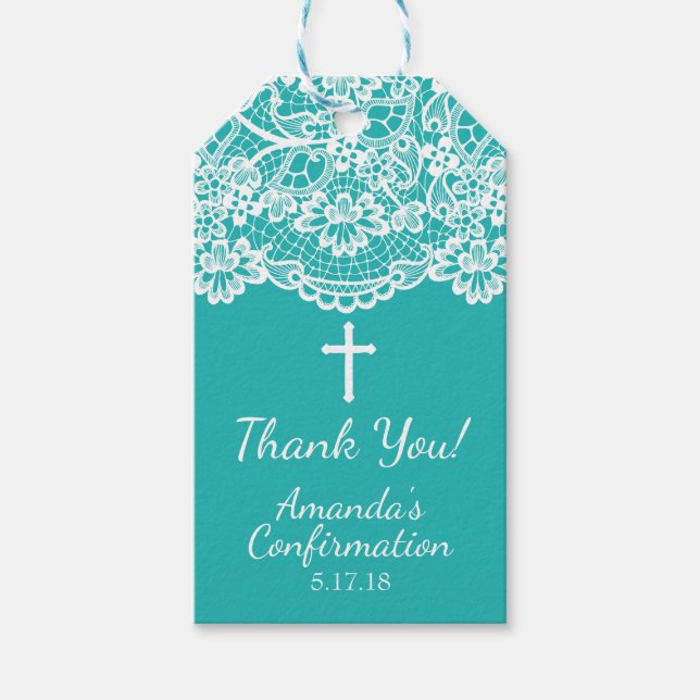 Turquoise Blue Vintage Lace Confirmation Gift Tag (Front)