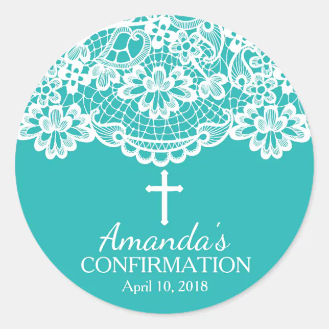 Turquoise Blue Vintage Lace Confirmation Sticker | Zazzle