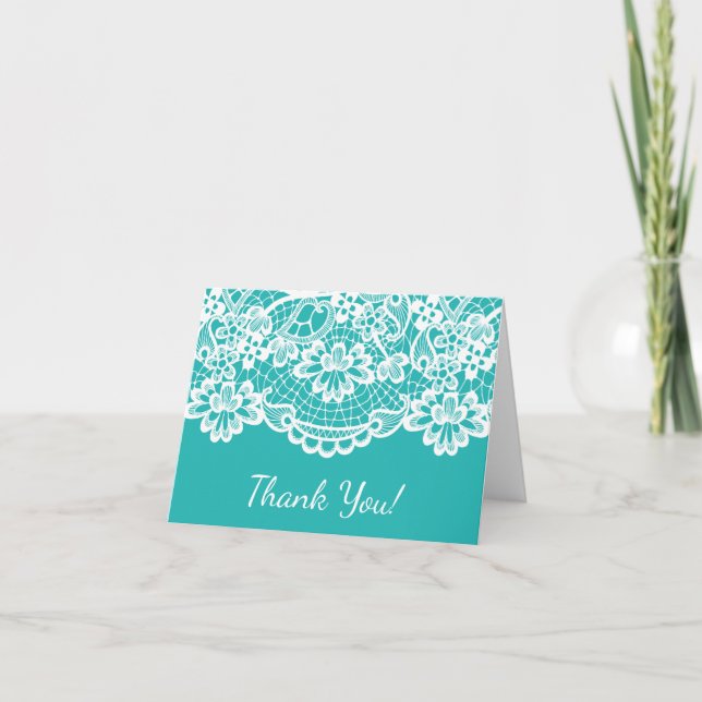 Turquoise Blue Vintage Lace Thank You Note Card (Front)