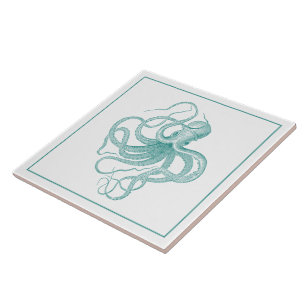 Turquoise-blue Vintage Nautical Octopus Ceramic Tile