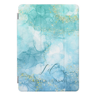 Turquoise Blue watercolor Ink Glitter Customizable iPad Pro Cover