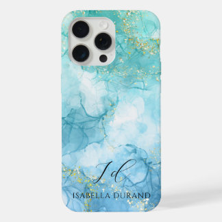 Turquoise Blue watercolor Ink Glitter Customizable iPhone 15 Pro Max Case