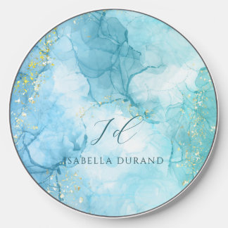Turquoise Blue watercolor Ink Glitter Customizable Wireless Charger