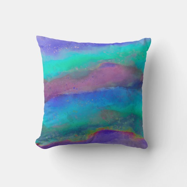 turquoise blue watercolor painted design abstract throw pillow (Front)