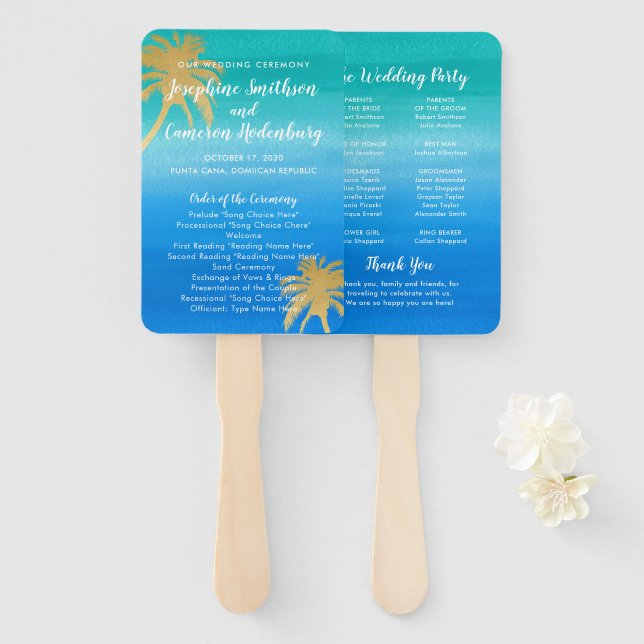 Turquoise Blue Watercolor Palm Tree Beach Wedding Hand Fan (Front and Back)