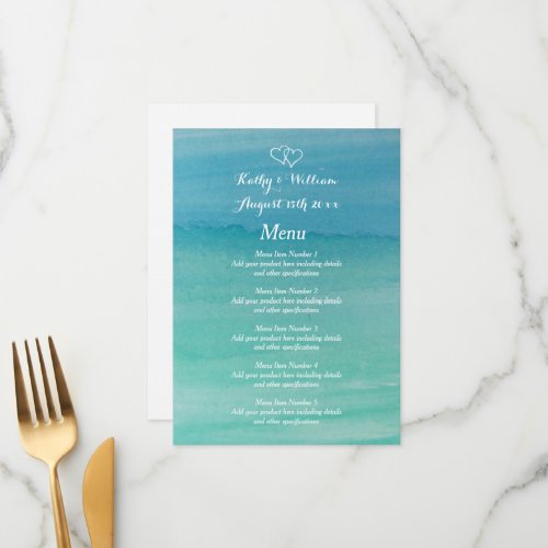 Turquoise blue watercolor stylish beach wedding menu