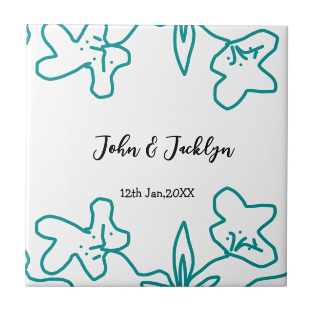 Turquoise blue wedding couple name date flstylish  ceramic tile (Front)