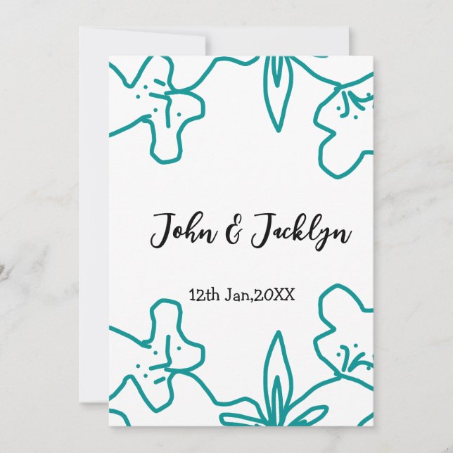 Turquoise blue wedding couple name date flstylish  invitation (Front)