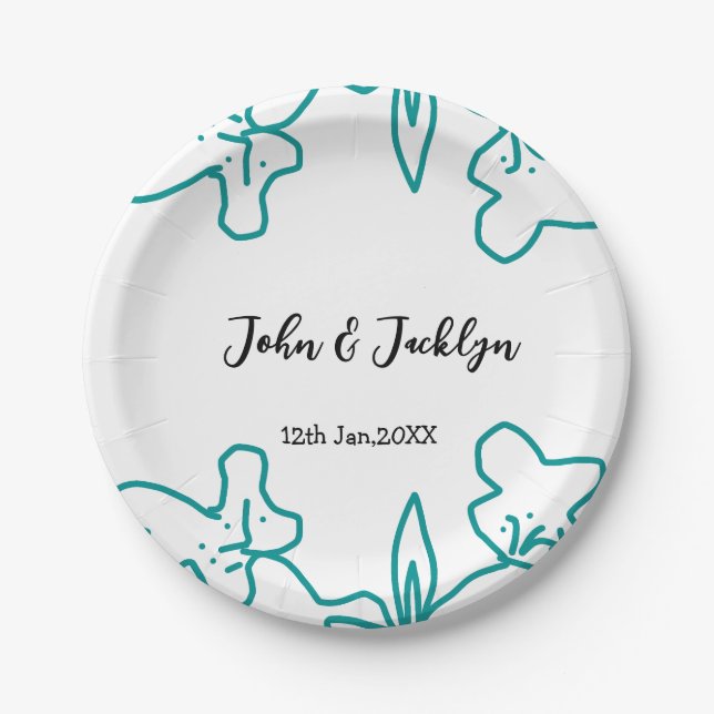 Turquoise blue wedding couple name date flstylish  paper plates (Front)