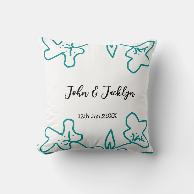 Turquoise blue wedding couple name date flstylish  throw pillow (Front)