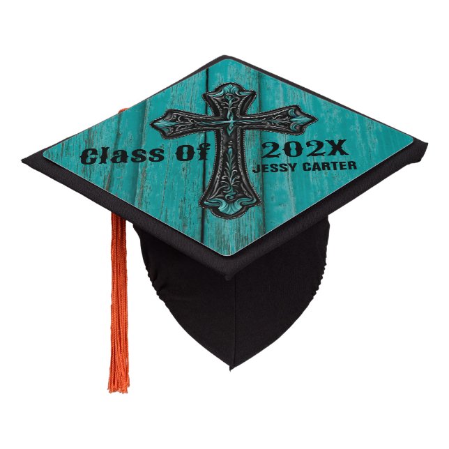 Turquoise Blue Western Christian Religious Cross Graduation Cap Topper (Angled)