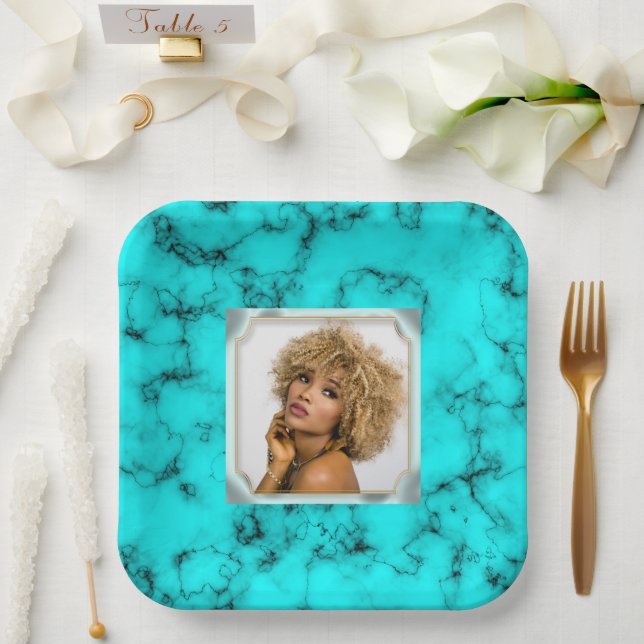 Turquoise blue western stone PHOTO girls party Paper Plates (Wedding)