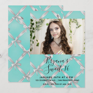 Turquoise Blue & White Bows Sweet 16 Party Photo Invitation