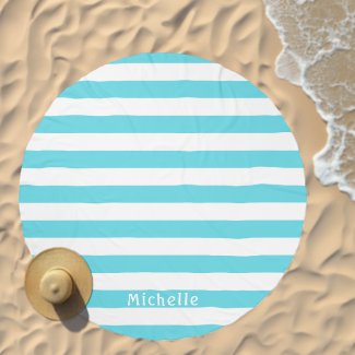 Turquoise Blue White Cabana Stripes Beach Towel