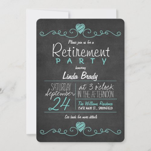 Turquoise Blue  White Chalkboard Retirement Party Invitation