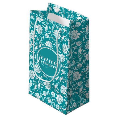 Turquoise_Blue  White Floral Damasks Small Gift Bag