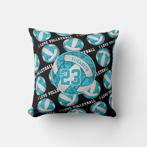 turquoise blue white girly I love volleyball Throw Pillow