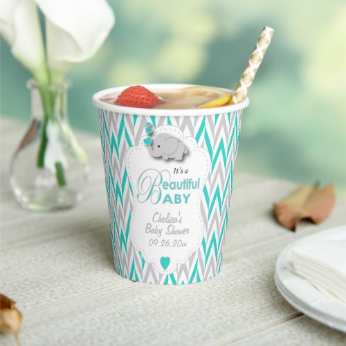 Turquoise Blue White Gray Elephant Baby Shower Paper Cups