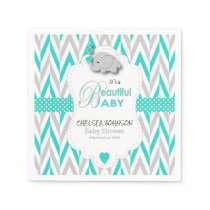 Turquoise Blue, White Gray Elephant Baby Shower Paper Napkins
