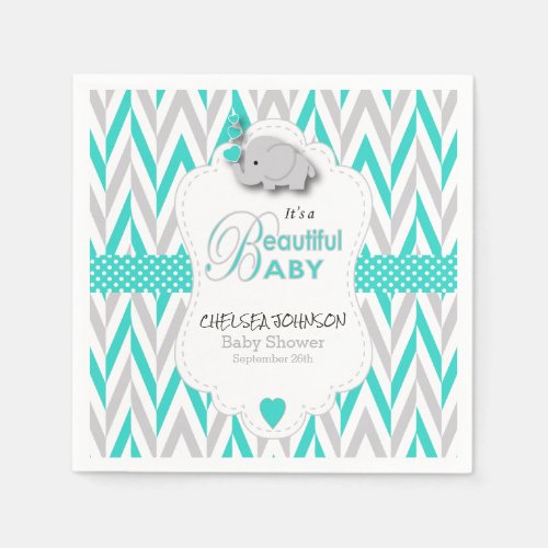 Turquoise Blue White Gray Elephant Baby Shower Paper Napkins