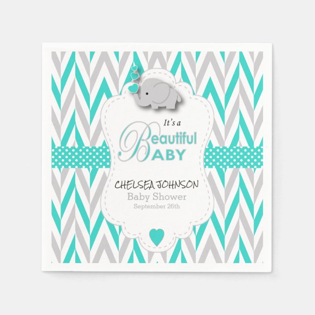 Turquoise Blue, White Gray Elephant Baby Shower Paper Napkins (Front)