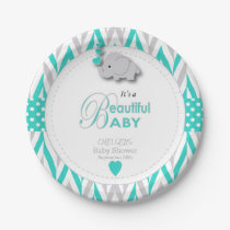 Turquoise Blue, White Gray Elephant Baby Shower Paper Plates