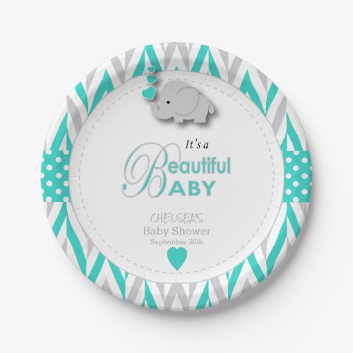 Turquoise Blue White Gray Elephant Baby Shower Paper Plates