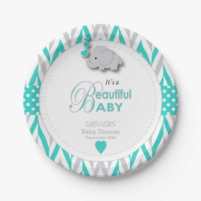 Turquoise Blue, White Gray Elephant Baby Shower Paper Plates (Front)