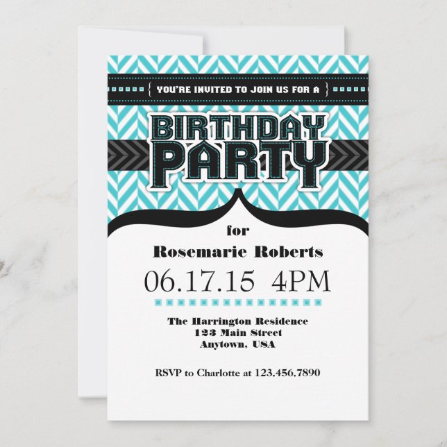 Turquoise Blue White Herringbone Birthday Invite (Front)