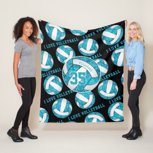 turquoise blue white I love volleyball girly Fleece Blanket