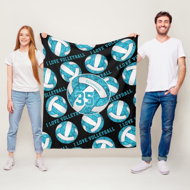 turquoise blue white I love volleyball girly Fleece Blanket (In Situ)