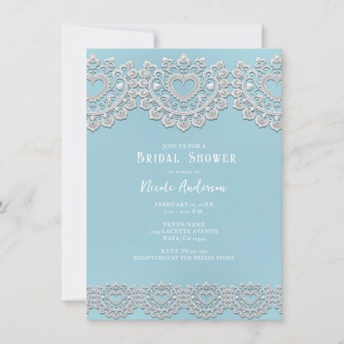 Turquoise Blue White Lace Heart Bridal Shower  Invitation