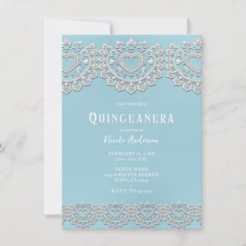 Turquoise Blue White Lace Heart Quinceaera Party Invitation