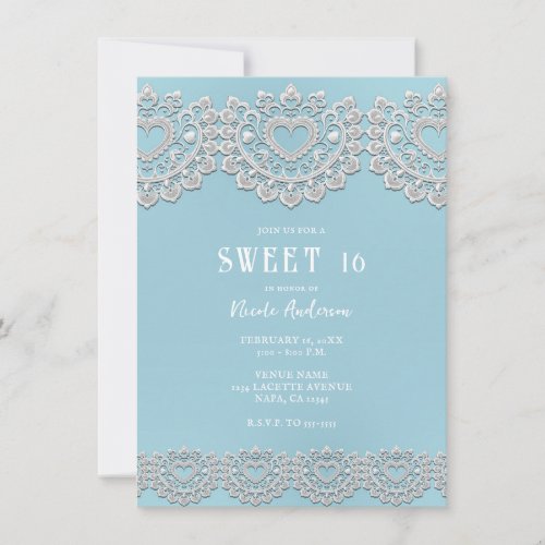 Turquoise Blue White Lace Heart Sweet 16 Invitation