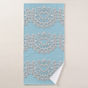 Turquoise Blue White Lace Heart Wedding Bridal Bath Towel Set