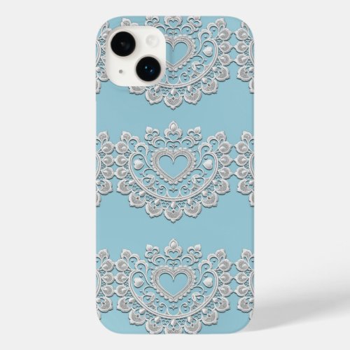 Turquoise Blue White Lace Heart Wedding Bridal Case_Mate iPhone 14 Plus Case