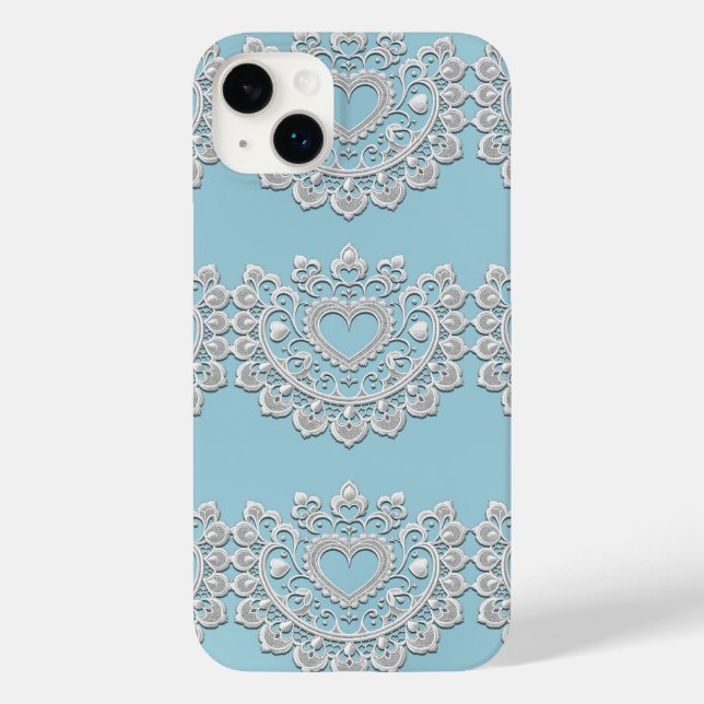 Turquoise Blue White Lace Heart Wedding Bridal Case-Mate iPhone Case (Back)