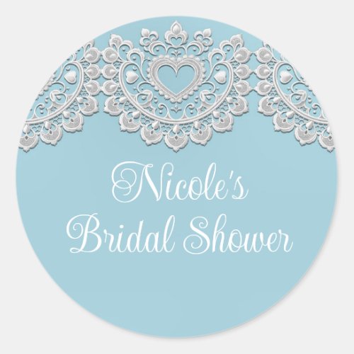 Turquoise Blue White Lace Heart Wedding Bridal Classic Round Sticker