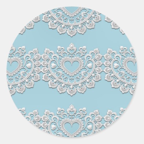 Turquoise Blue White Lace Heart Wedding Bridal Classic Round Sticker