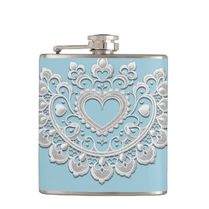 Turquoise Blue White Lace Heart Wedding Bridal Flask