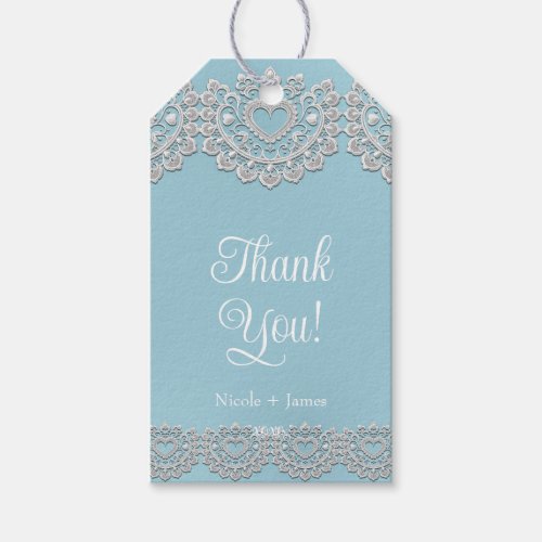 Turquoise Blue White Lace Heart Wedding Bridal Gift Tags