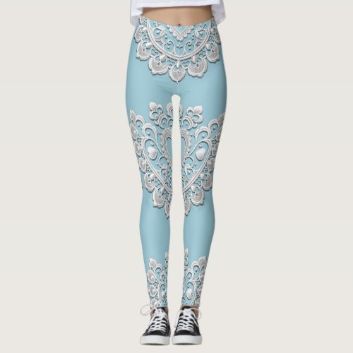 Turquoise Blue White Lace Heart Wedding Bridal Leggings