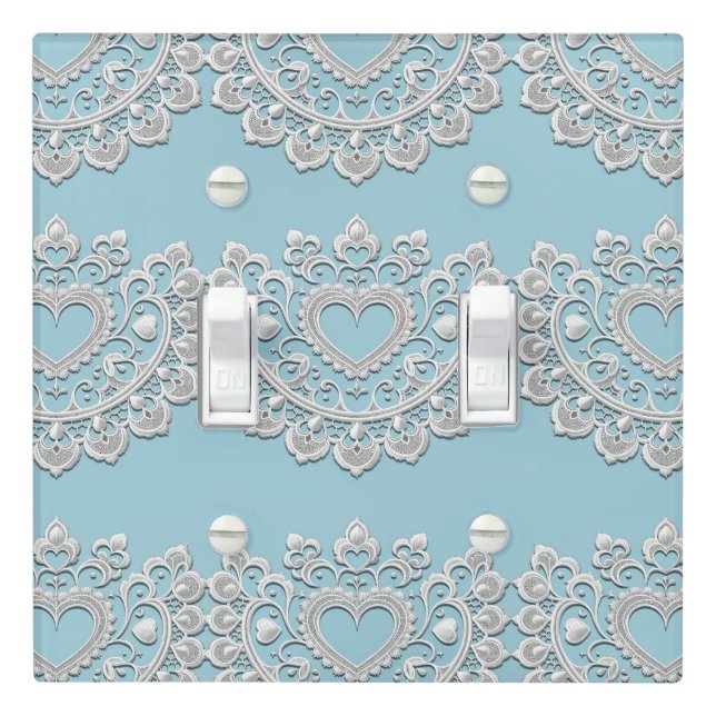 Turquoise Blue White Lace Heart Wedding Bridal Light Switch Cover (In Situ)