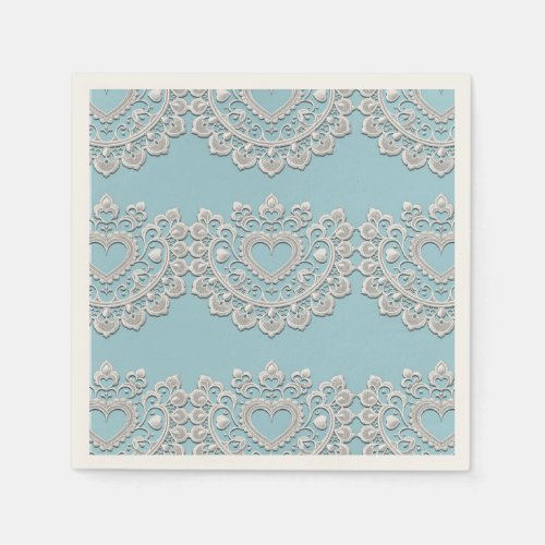 Turquoise Blue White Lace Heart Wedding Bridal Napkins