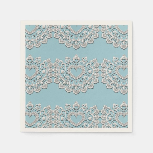 Turquoise Blue White Lace Heart Wedding Bridal Napkins (Front)
