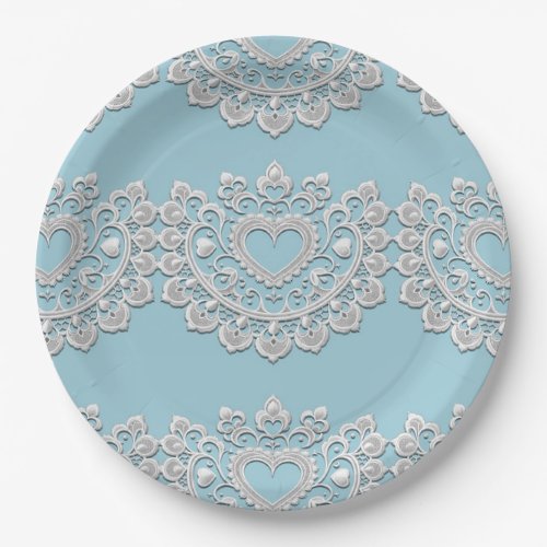 Turquoise Blue White Lace Heart Wedding Bridal Paper Plates