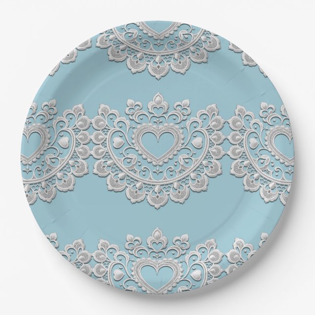 Turquoise Blue White Lace Heart Wedding Bridal Paper Plates (Front)