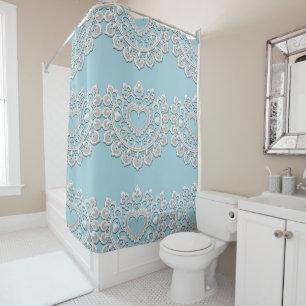 Turquoise Blue White Lace Heart Wedding Bridal Shower Curtain